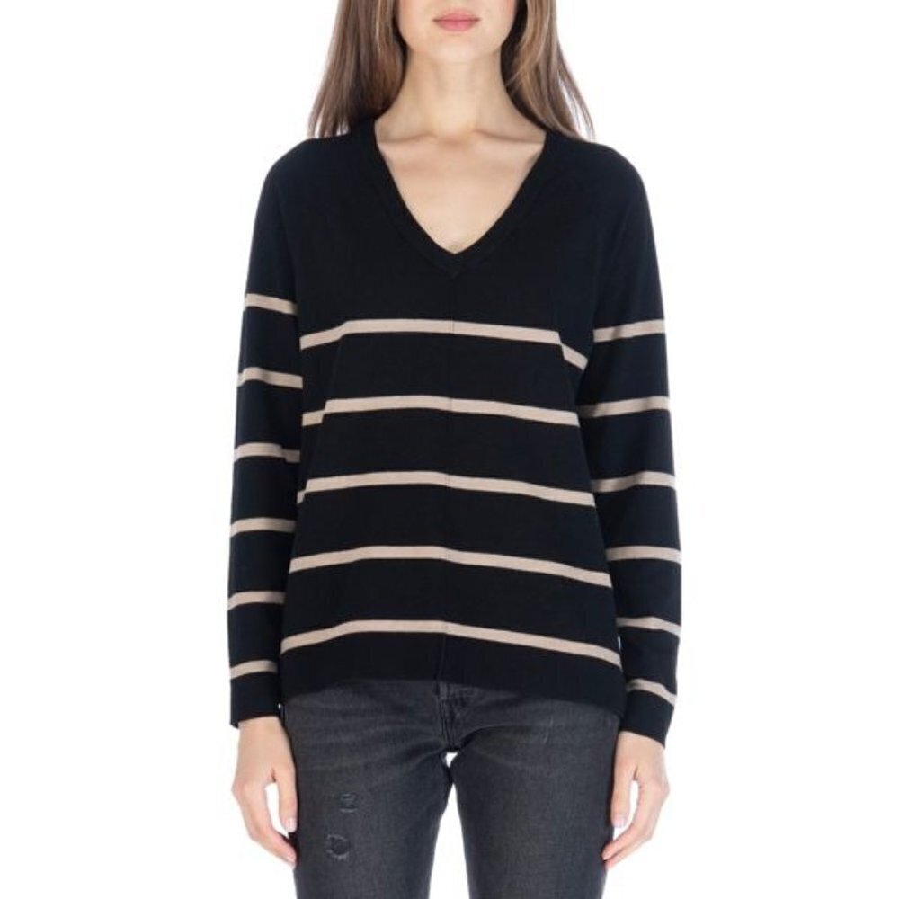 New Bobeau Sweater Small V Neck Striped Black Brown Womens NWT